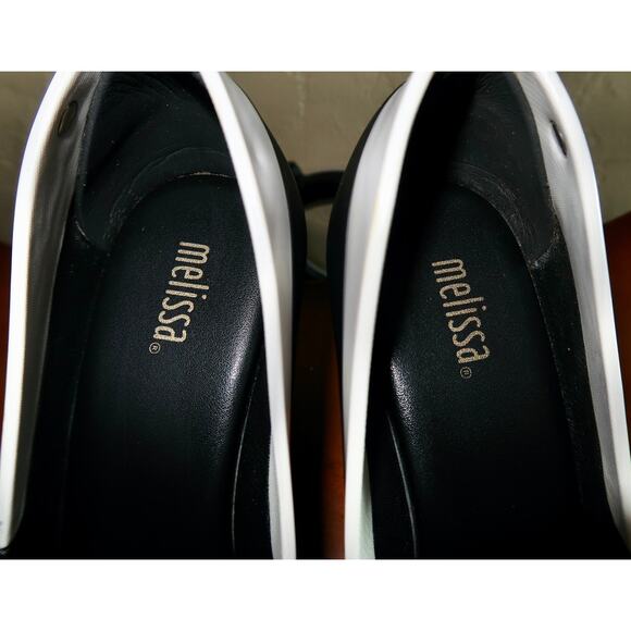 Melissa Black Block Wedges Peep Toe White Detail Pin-up Rockabilly Rubber Size 8 - Picture 3 of 10